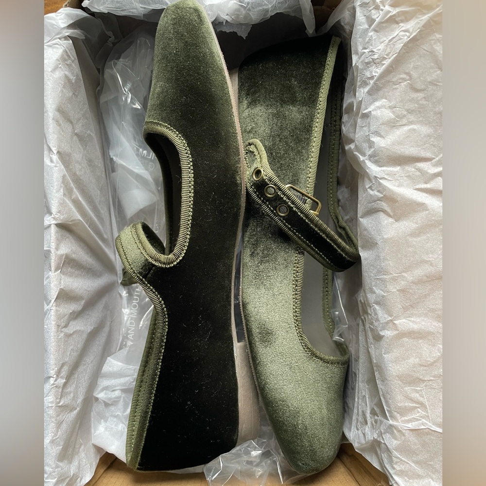 Olive green velvet Mary Jane Ballet Flats